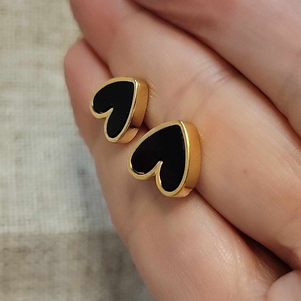 Gold and Black Heart Stud Earrings - Picture 4 of 7